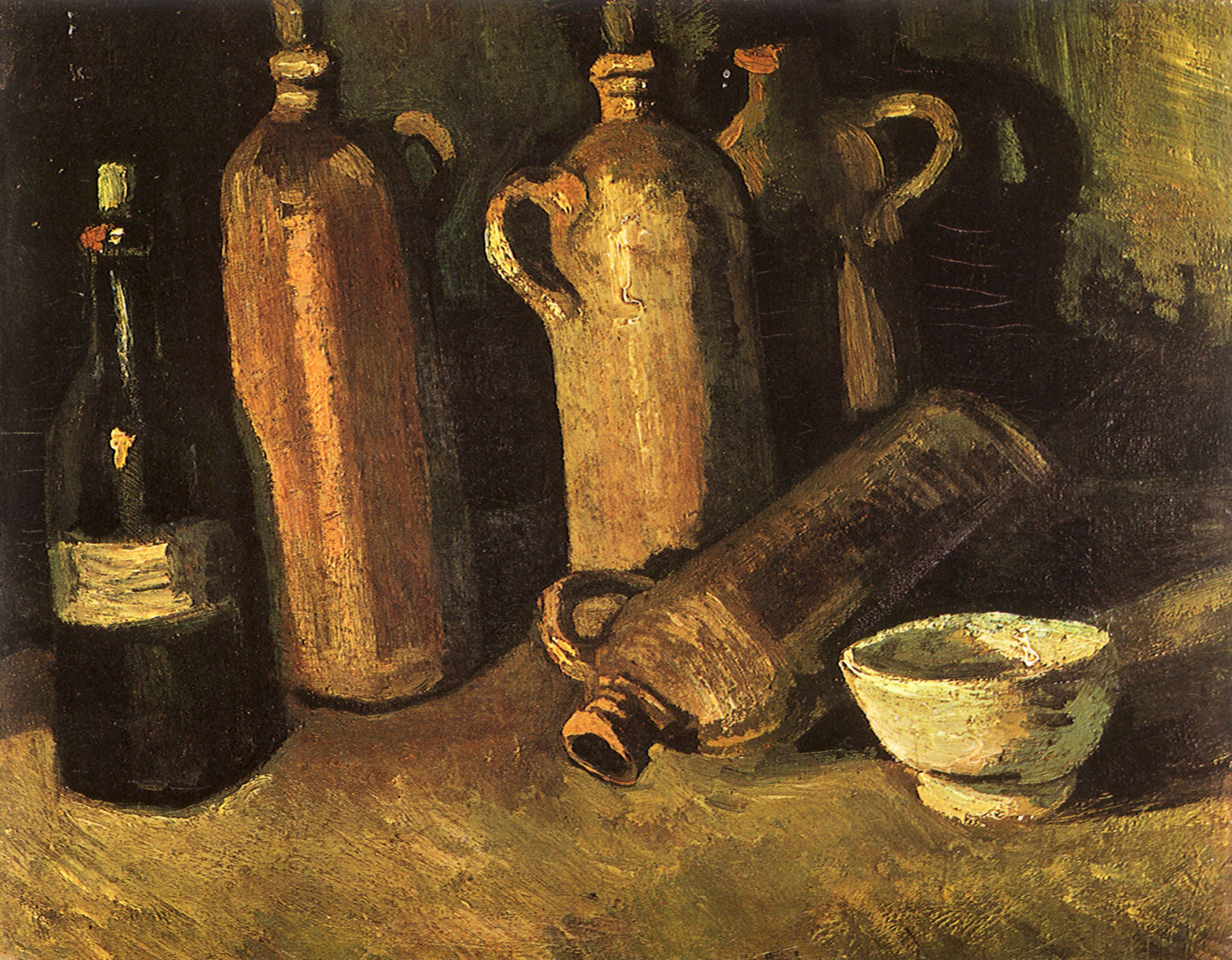 Still Life with Four Stone Bottles, Flask and White Cup, 1884
